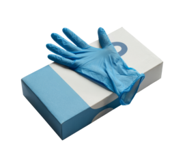 blue medical glove on a box isolated on white background.