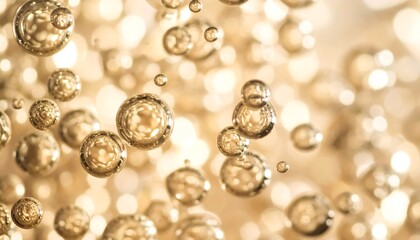 Abstract image of numerous translucent, golden spheres floating against a bokeh background