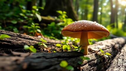 "Close-Up of a Shiitake Mushroom Nestled by Wood in a Serene Forest"