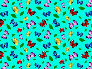Colorful Butterflies and Leaves Pattern. Seamless Butterfly Garden Background. Cute Cartoon Butterfly Illustration
