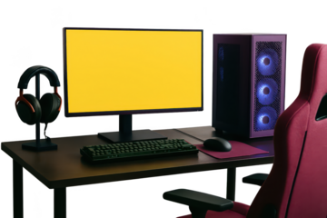 A gaming setup with a vibrant yellow monitor.
