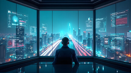 Futuristic businessman overlooking data and city, technology and business concept