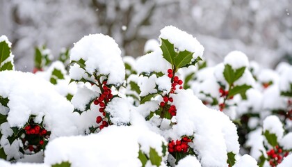 Enchanting winter scene: Holly branches adorned with snow and vibrant red berries