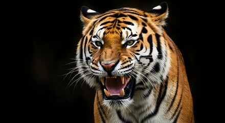 Majestic tiger bares its teeth in a powerful roar, displaying sharp fangs and intense gaze against a dark, dramatic backdrop evoking primal strength and wild beauty.