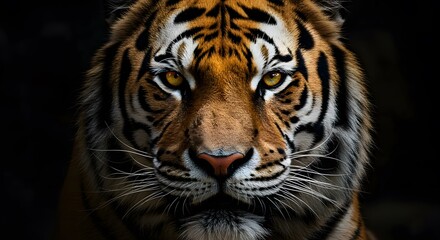 Fototapeta premium Stunning close-up portrait of a powerful tiger's face, showcasing intense eyes and intricate fur patterns against a dark background