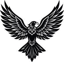Black and white vector of flying eagle with outspread wings