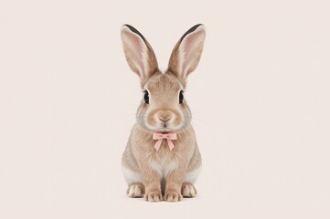 Obraz premium Cute bunny, pink bow, studio shot, pastel background, Easter