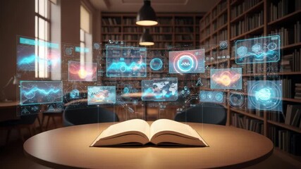 Conceptual library with open book and holographic data visualization interface displays innovation - Powered by Adobe