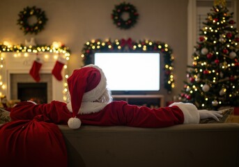 Santa Claus enjoys some time off on Christmas eve, relaxing and watching tv.