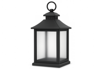 Black metal lantern glowing softly, frosted glass panels radiating warm light against transparent backdrop, vintage lighting design
