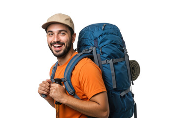 Happy man with backpack isolated on transparent background