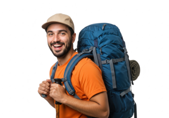 Happy man with backpack isolated on transparent background