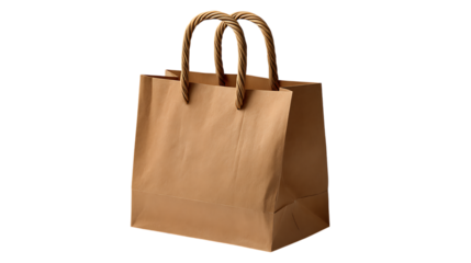 Brown paper shopping bag with twisted handles isolated on transparent background