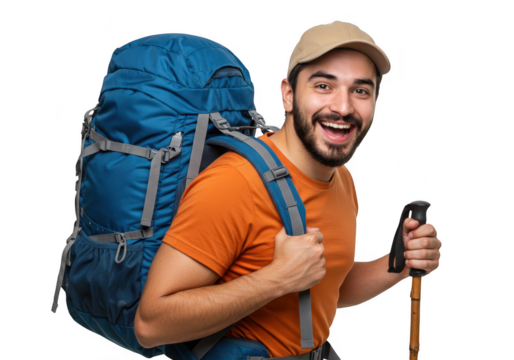 Happy hiker with large backpack and trekking pole isolated on transparent background