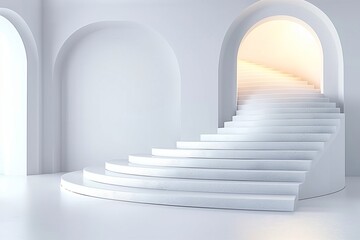 Obraz premium Serene Curved Staircase Leading to a Light-filled, Arched Alcove in Minimalist Design