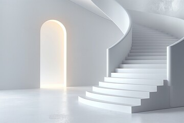 Fototapeta premium Serene Elegance: Minimalist White Spiral Staircase Leading to a Bright Archway