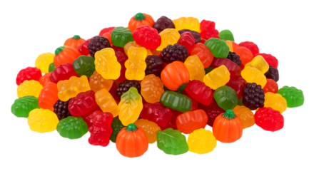 Assorted Gummy Candies in Autumn Shapes and Colors isolated on a transparent background fruit shapes