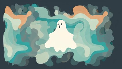 Ghost with abstract smoke shapes blue and orange tones creating spooky, eerie, mysterious atmosphere floating misty smoky background for Halloween - Powered by Adobe