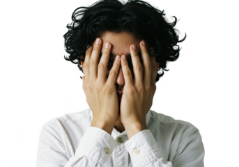 Person covering face with hands isolated on transparent background