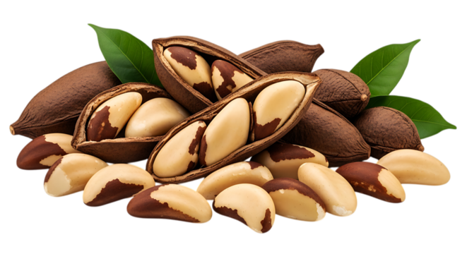 Brown and Cream Nuts with Green Leaves isolated on a transparent background brazil nuts whole nuts