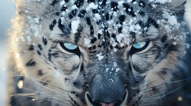 Snow leopard big wild cat close up with icy blue eyes and whisker, snowflakes on fur showing majestic animal expression in cold environment