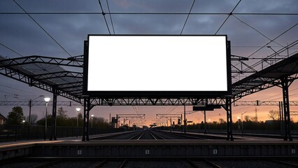 Obraz premium Blank billboard at train station platform during sunset with overhead wires