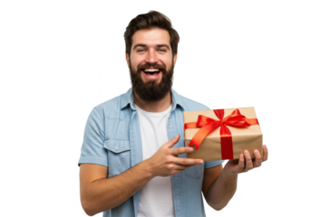 Happy man holding a wrapped gift isolated on transparent background