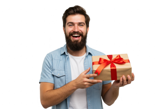 Happy man holding a wrapped gift isolated on transparent background - Powered by Adobe