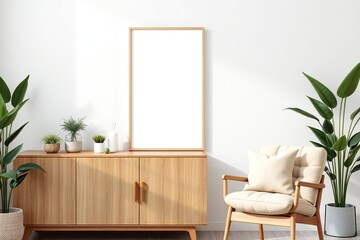 Modern living room with a wooden cabinet and mockup frame