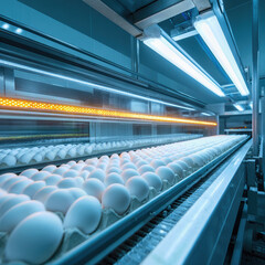 Naklejka premium A futuristic, automated food production line with countless white eggs moving on a conveyor belt, illuminated by cool blue and warm orange industrial lights. 