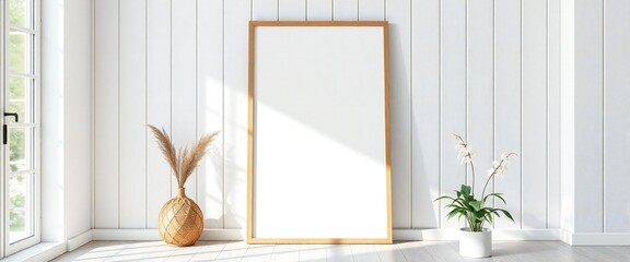 Bright room with blank frame plants and natural light