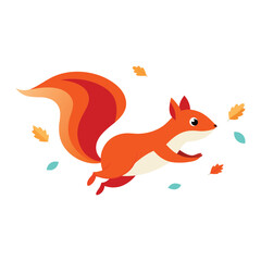 Obraz premium Cute cartoon squirrel running with autumn leaves