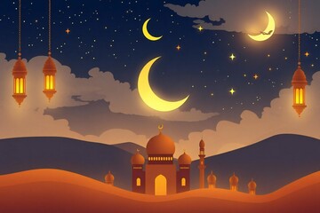 Islamic desert landscape under a starry night sky with crescent moons and lanterns