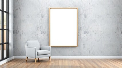 Modern minimalist interior with grey armchair and blank wooden frame on textured wall
