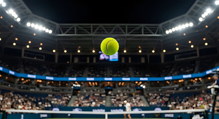 Experience the Thrill of the Game at the Grand Slam Tournament with a Tennis Ball in Motion, Capturing the Energy and Excitement of Professional Tennis Under the Bright Lights