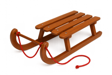 Wooden sled with red rope isolated on transparent background