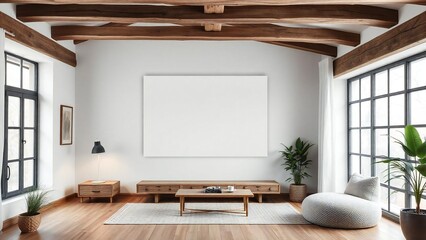 Modern living room with exposed wooden beams and minimalist decor