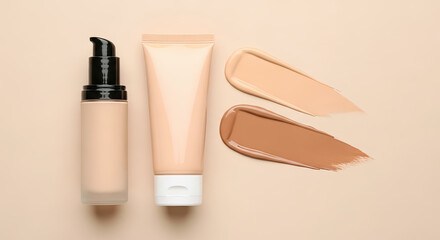 Foundation bottle and tube alongside two skin tone swatches, ideal for beauty and cosmetic concepts. Showcases diverse shades and product packaging for makeup and skincare