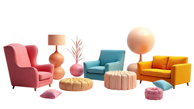 Colorful, modern furniture arrangement in a living room setting.