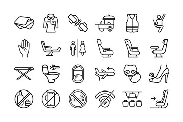 Airplane Travel Vector Icon Set. Seat, Seatbelt, Toilet, Window, Luggage, Wi-Fi, Food Cart, Mask, Flight, Safety, No Smoking, Travel Essentials, and More. Editable line icons. Vector illustration.