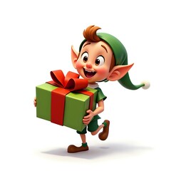 Cheerful elf holding a present with a big smile
