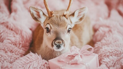 Baby fawn on pink plush with gift
