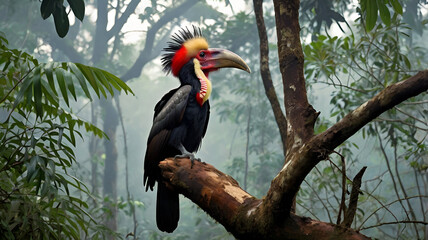 Standing nearly motionless atop a dead tree snag, a Helmeted Hornbill surveys the lush canopy below like a guardian of the forest Ai