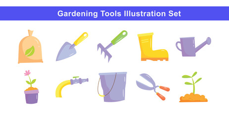 Gardening Tools and Plant Care Icon Pack in Flat Style. Vector Illustration Set