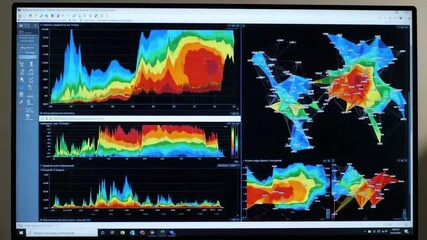 Monitor displaying data visualizations, including stacked graphs and network diagrams, with a color gradient from blue to red