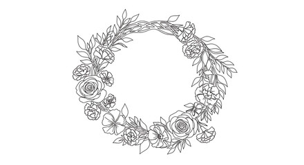 A beautiful, hand-drawn floral wreath with intricate details, perfect for wedding invitations.