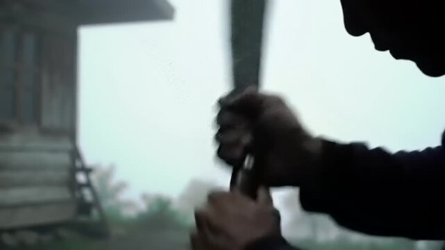 A person holds a machete outdoors in a hazy setting