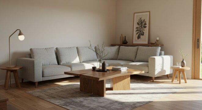 Calm living room with L-shaped sofa, wooden coffee table, neutral tones, natural light, and minimalist decor