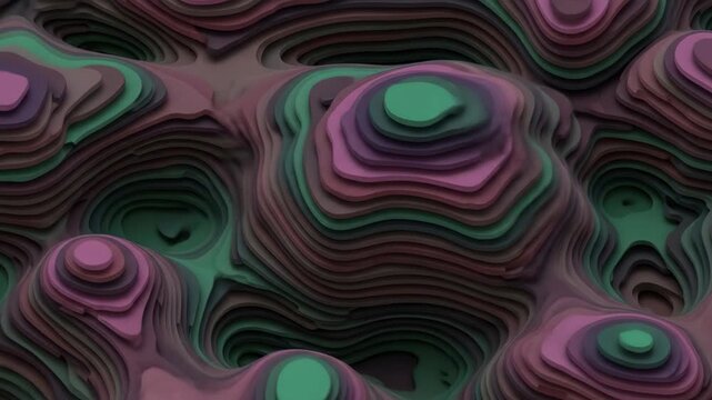 Abstract topographic map with contour lines in shades of green, brown, and purple, layered mountain landscape, colorful depth. 3D Rendering background.