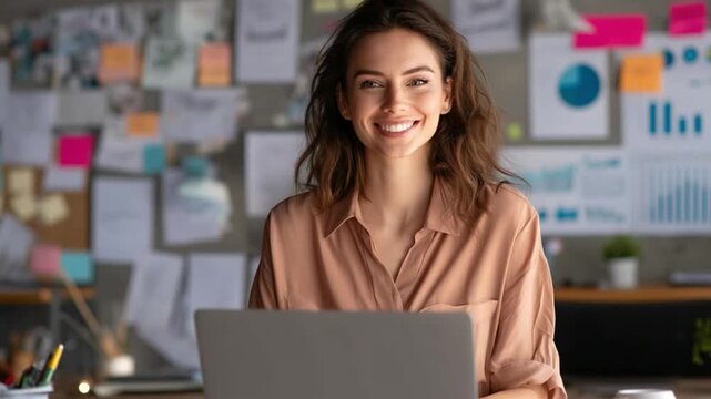 Smart Woman with radiant smile: A captivating lady, her beautiful smile is genuine, embodying the essence of a smart and capable business individual in a contemporary office setting.